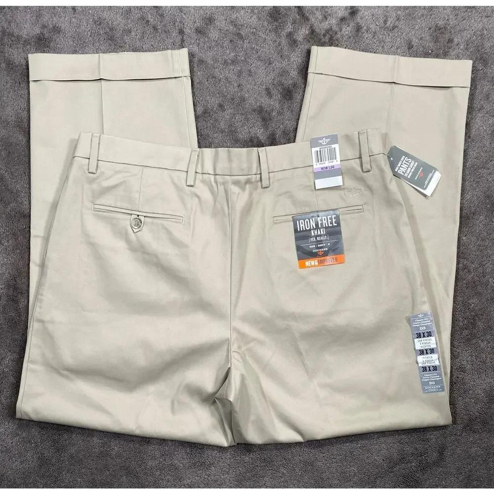 NWT Dockers Pleated Classic Cuffed Fit D3 Iron Free Pants Stretch Khaki Tan Bone